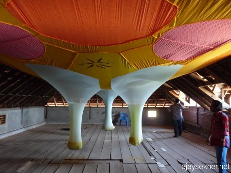A hanging installation on the attic of Moidu Heritage by Latin American artist Ernesto Neto.