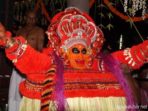 Vishnu Murti at Pulikunnu Kavu, Kasaragod, 2010. Vishnu Murti was originally Palantayi Kannan a Tiya boy murdered by a Kurup the caste lord. Likewise the Pottan Theyyam originally a Paraya man became an incarnation of Siva in the elite appropriation later.