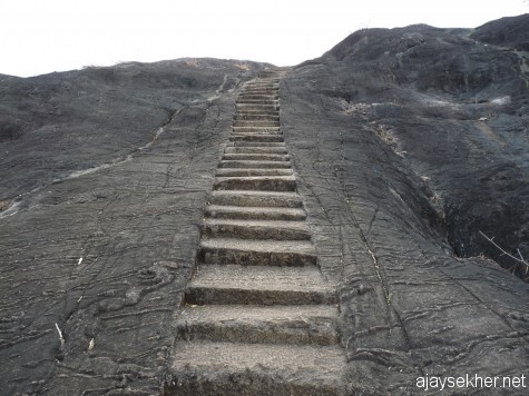 The flight of steps leading to the top of rock from southern side.  Looks like the steps at Karkala or Sravanabelgola but a lot recent with Malayalam scripts on it.  Bhranthan Kallu 15 feb 2013