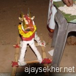 Kala or Ox mascot in Are Kavu near Tiruvegapura.  Oxen are images of agricultural prosperity and fertility.  They originated in the Buddhist harvest festivals.  The Ketukazcha in Kerala has remarkable semblance to the Buddhist chariot festivals narrated by Chinise Buddhist travelers who visited Patna and north India in the 5th to 8th centuries.