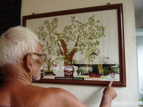The current elder at Changaram Komarath explaining the family tree at the household temple, early April 2013.