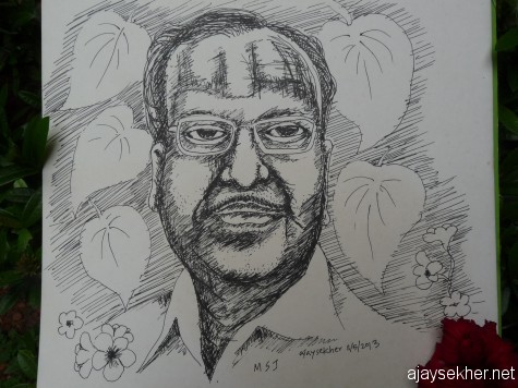 MSJ, Pen and Ink on Paper by Ajay Sekher. 20*30cm. 11 May 2013 on reading the news of his demise.