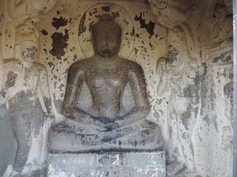 A Teravada Buddha in Aurangabad caves belonging to BC second century.  Note the Malsya Mudra or fish mark on the base.  Gradually by the 5th century A D this simple and austere formal style gave way to the more elaborate and sophisticated Mahayana style and it was easy for the Hindu Brahmanical forces to absorb such nuanced digression.  